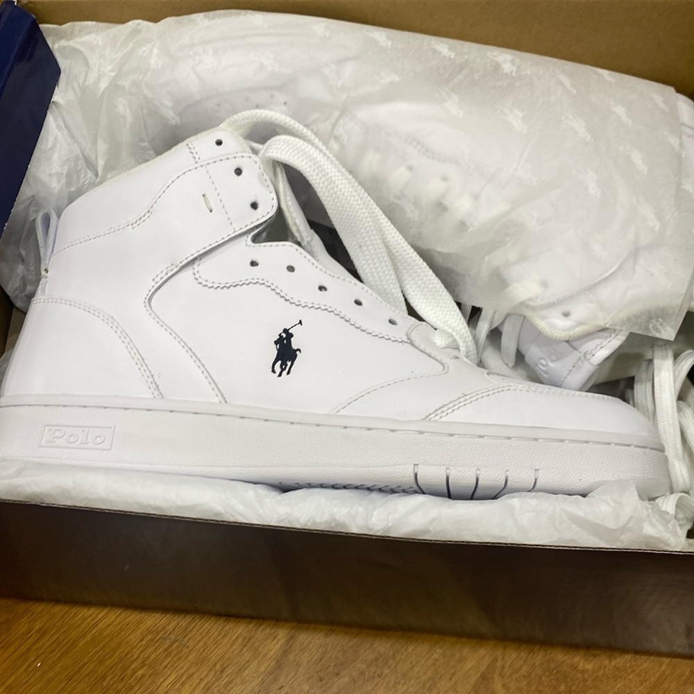 NWOT.  Ralph Lauren, men’s size 10, high top leather sneakers.